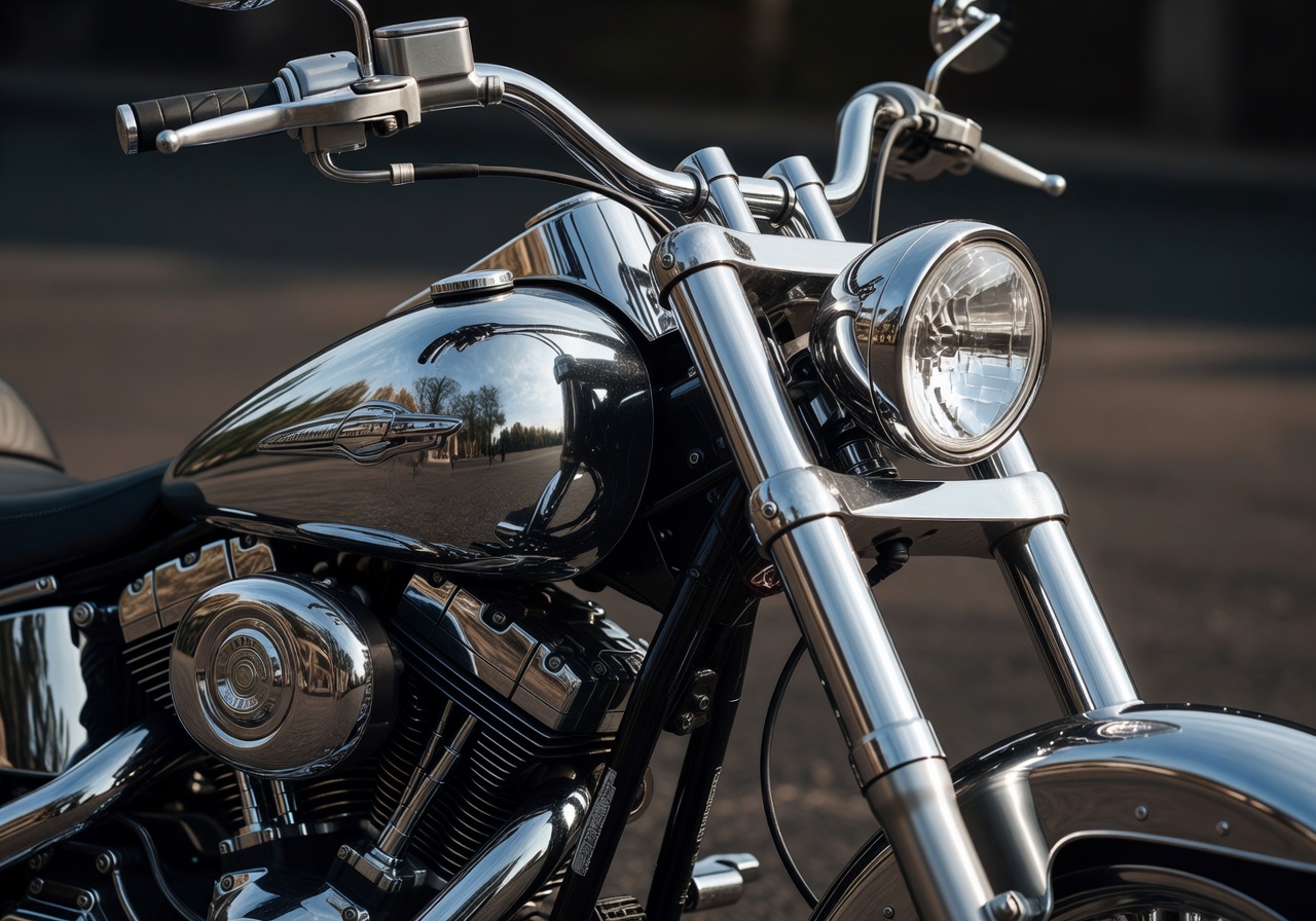 Chrome custom cruiser motorcycle in showroom