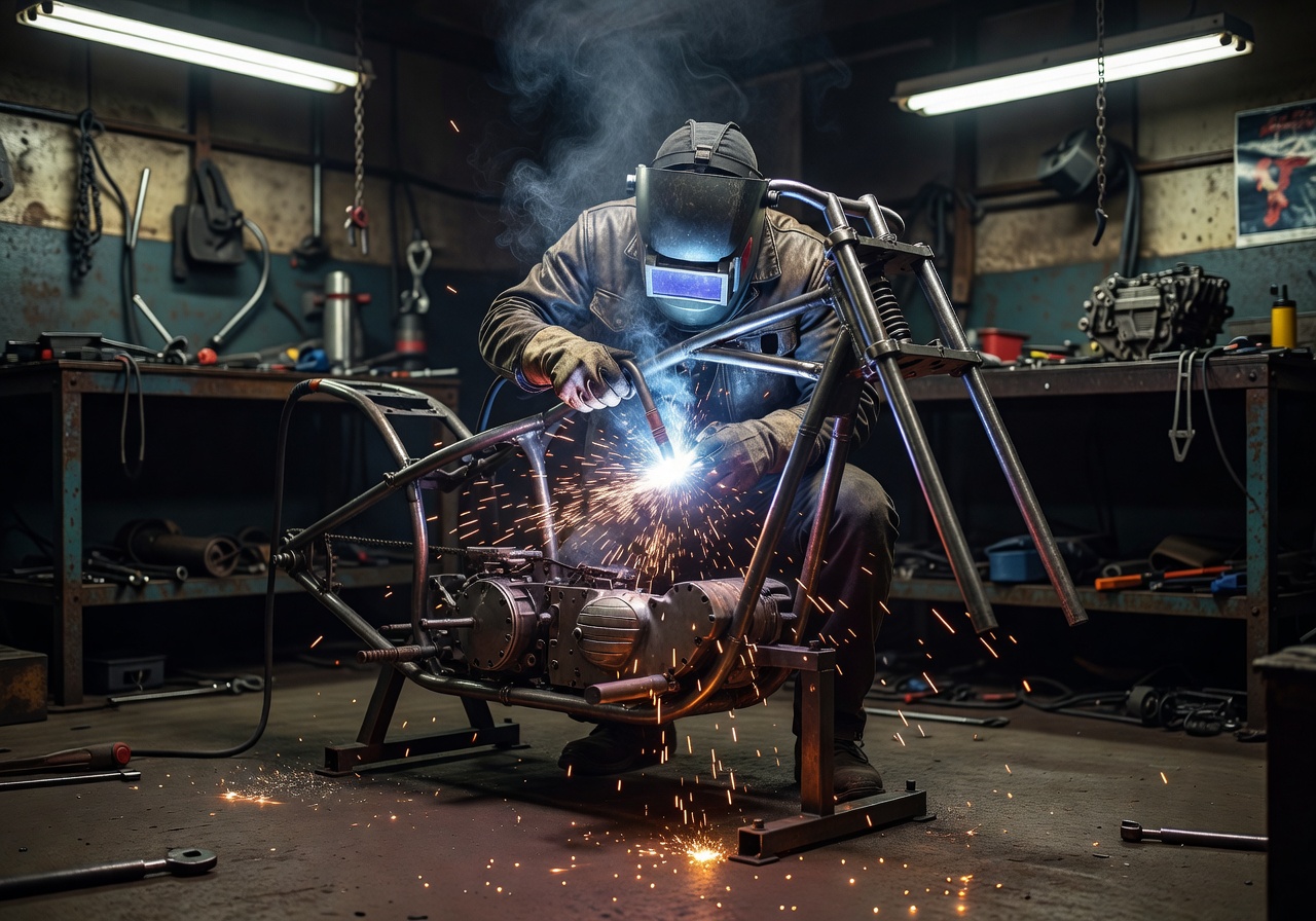 Custom motorcycle build process welding
