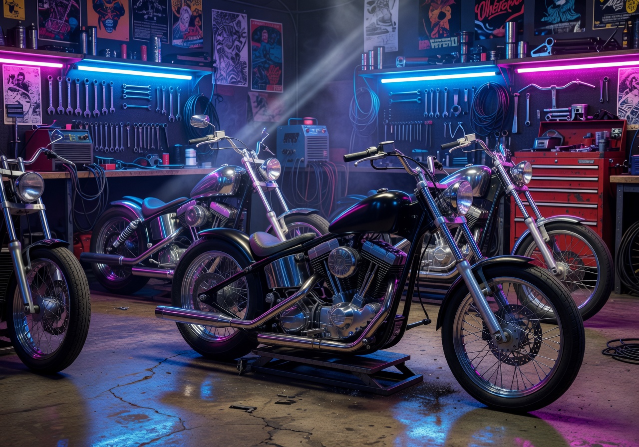Custom motorcycle workshop interior with neon lighting