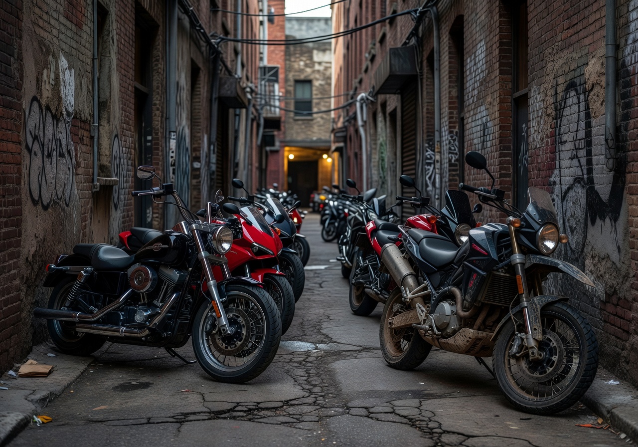Group of motorcycles parked in city alley