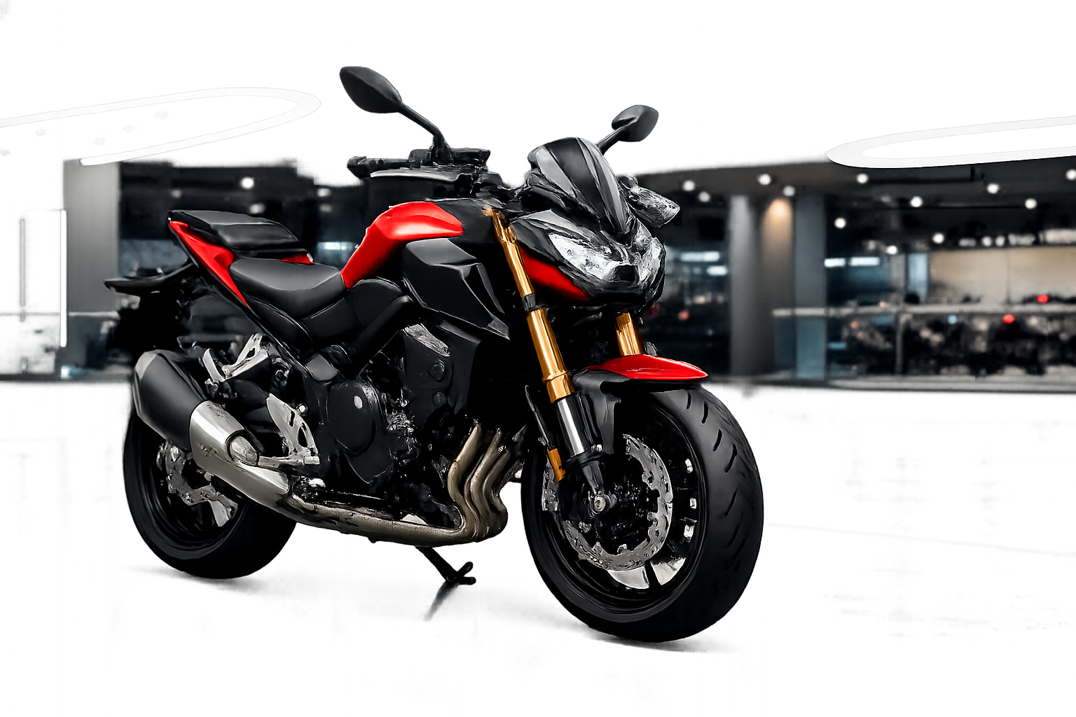 Black custom 3D motorcycle on neon wet street