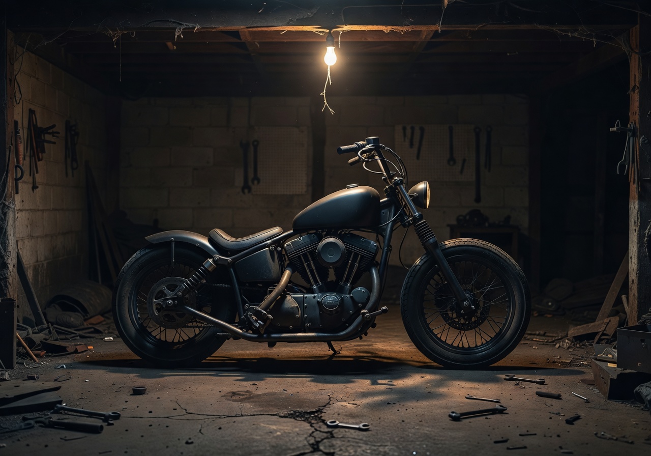 Matte black bobber in dimly lit garage