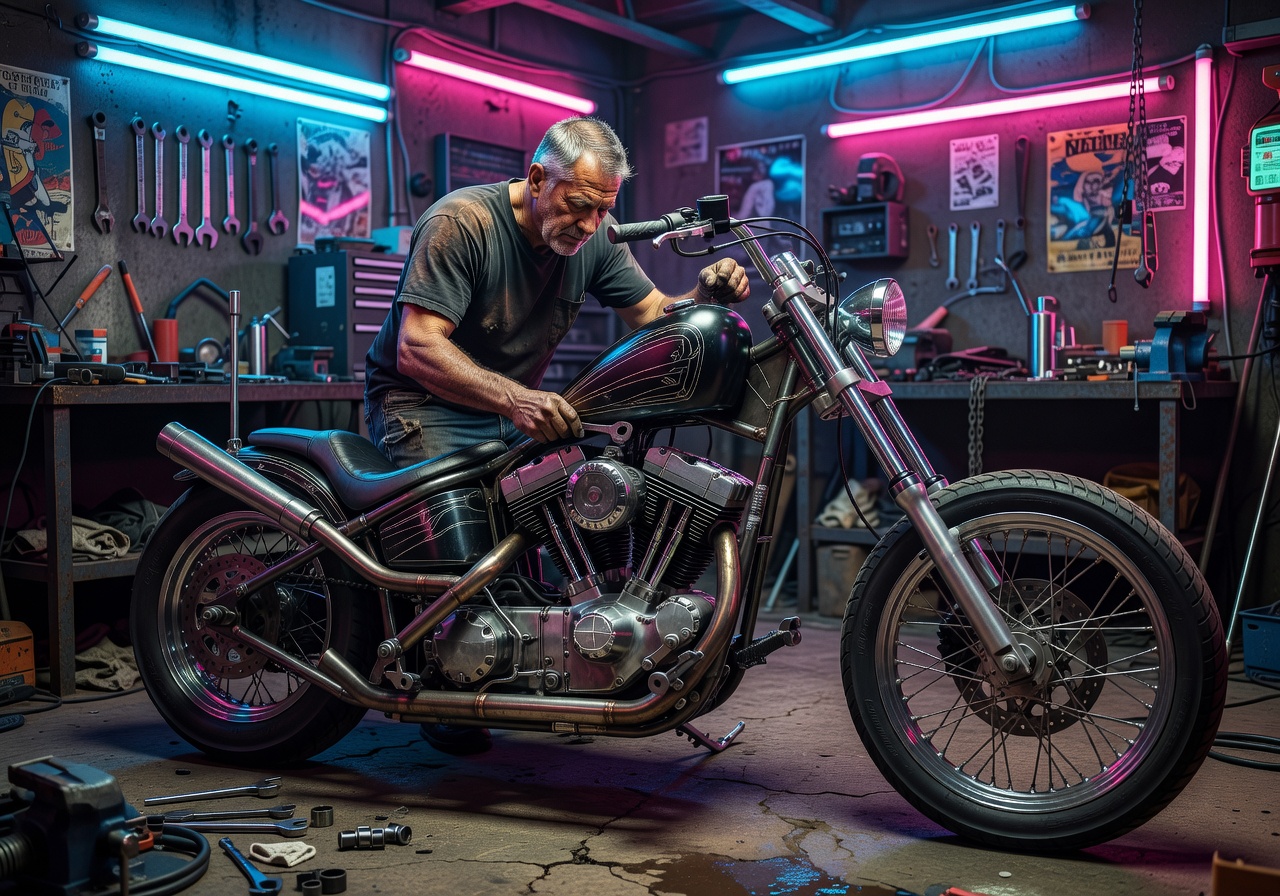 Mechanic working on custom motorcycle in neon-lit garage