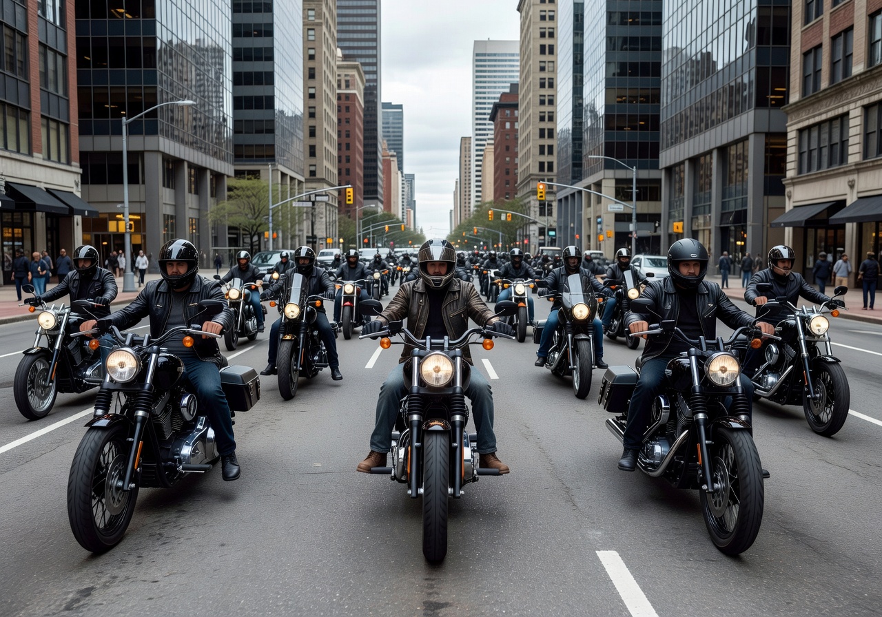 Motorcycle convoy on city street