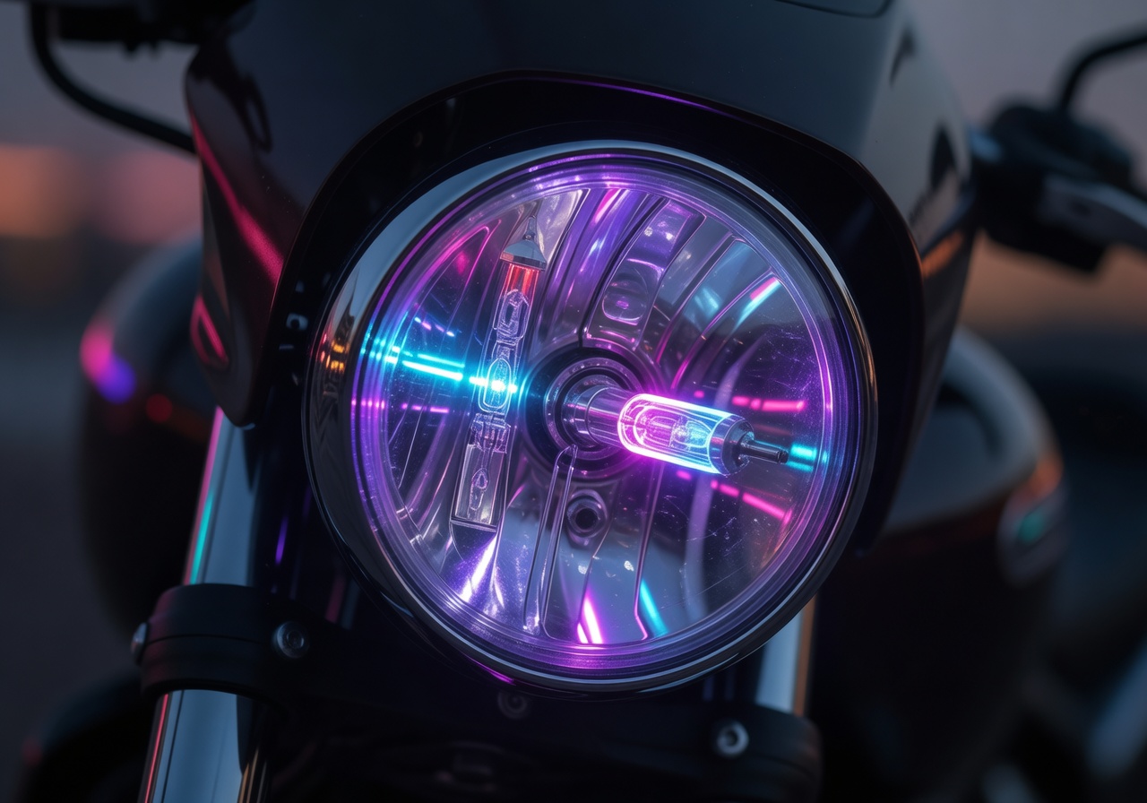 Motorcycle headlight closeup with neon glow