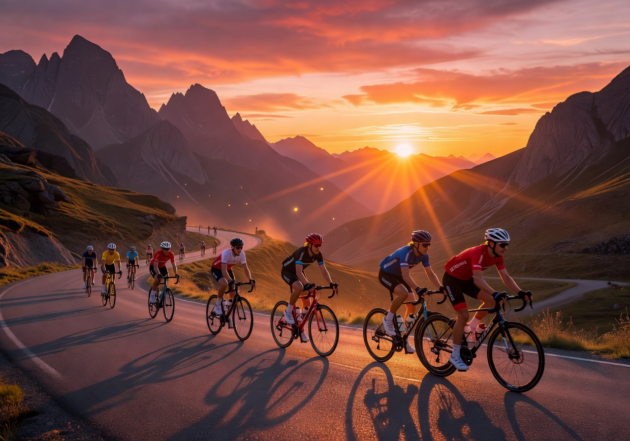Mountain pass group ride sunset