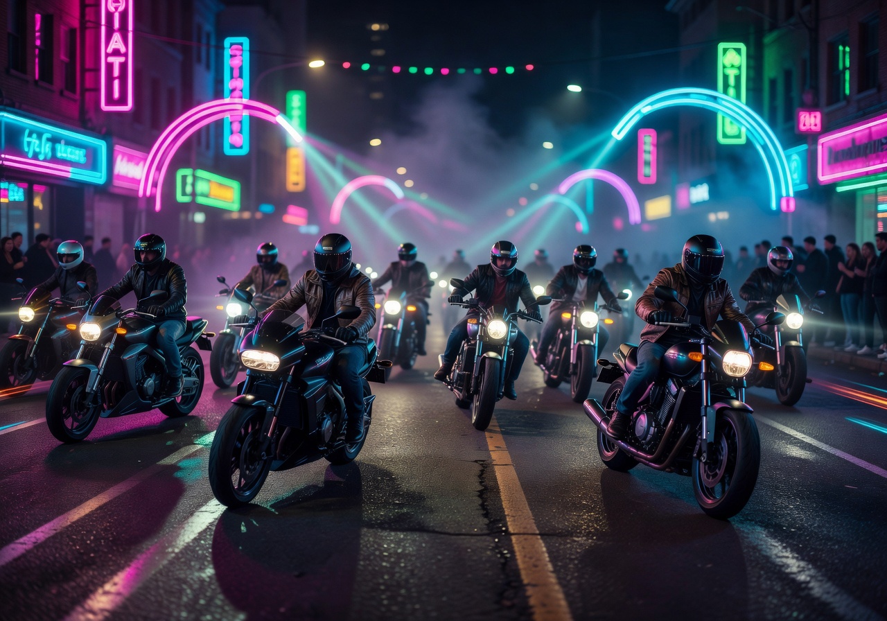 Night ride motorcycle event with neon lights