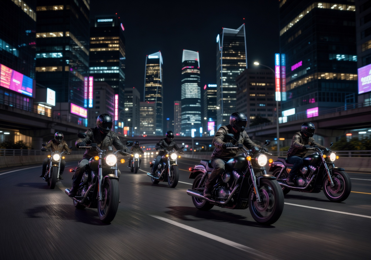 Night ride motorcycles with city skyline