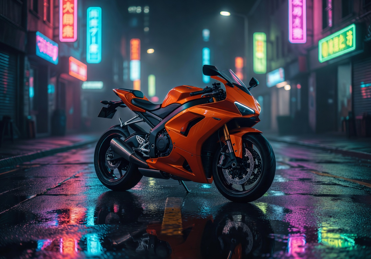 Glossy orange sport motorcycle on wet road