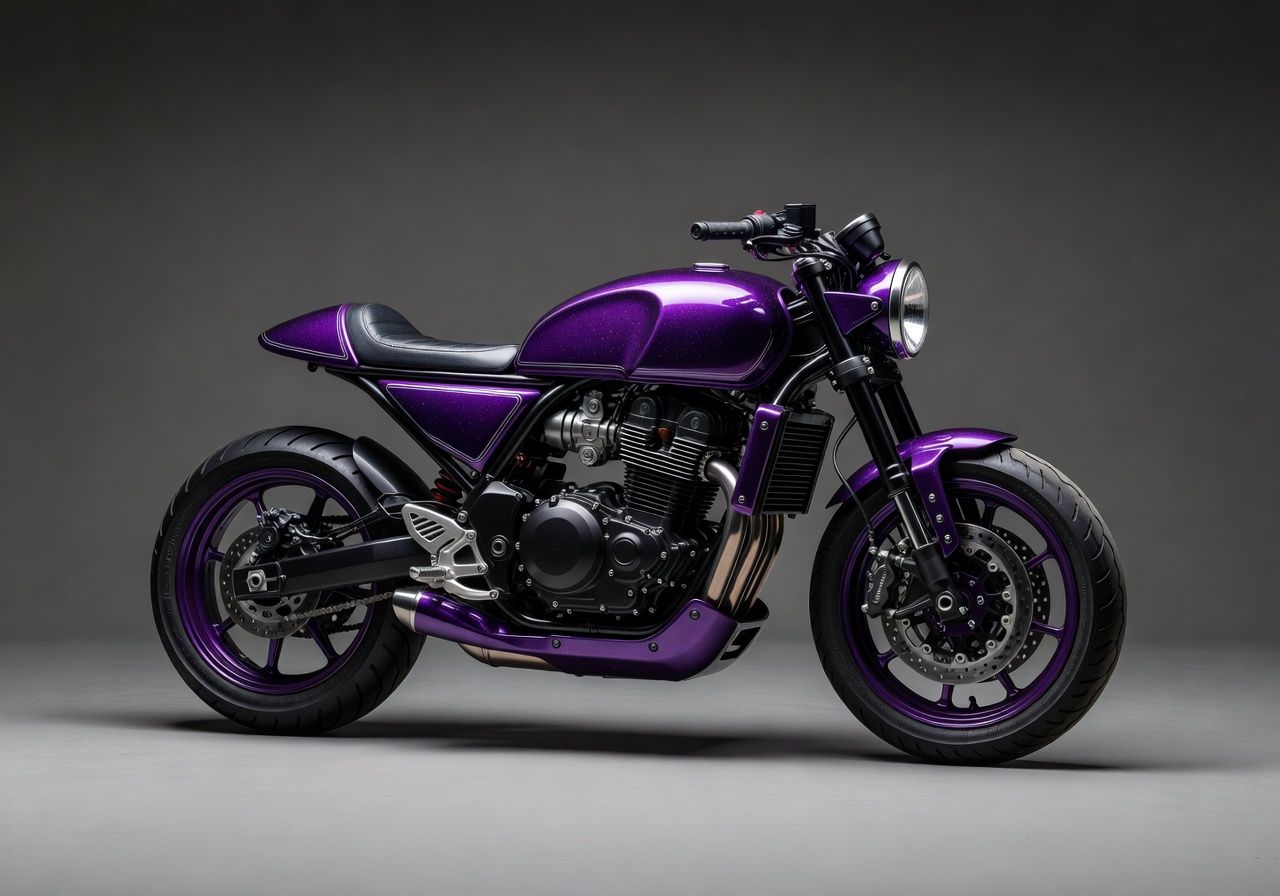 Neon purple custom cafe racer motorcycle