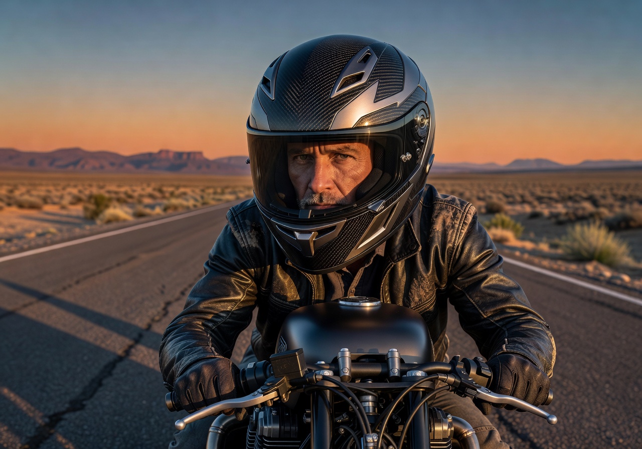 Rider portrait with custom motorcycle helmet