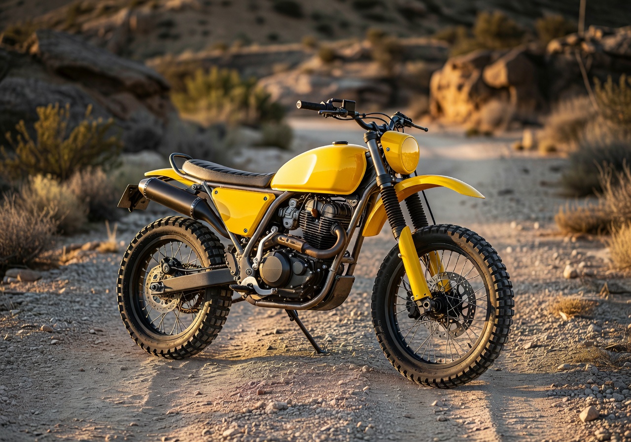 Yellow custom scrambler motorcycle
